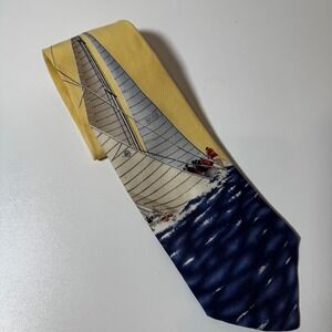 Vintage Tommy Bahama Silk Tie Sailboat Yacht Nautical Yellow Navy Coastal Rare